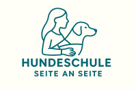 Logo der Hundeschule. Einfache Darstellung eine Frau, die Ihren Arm um einen Labrador im Geschirr hält